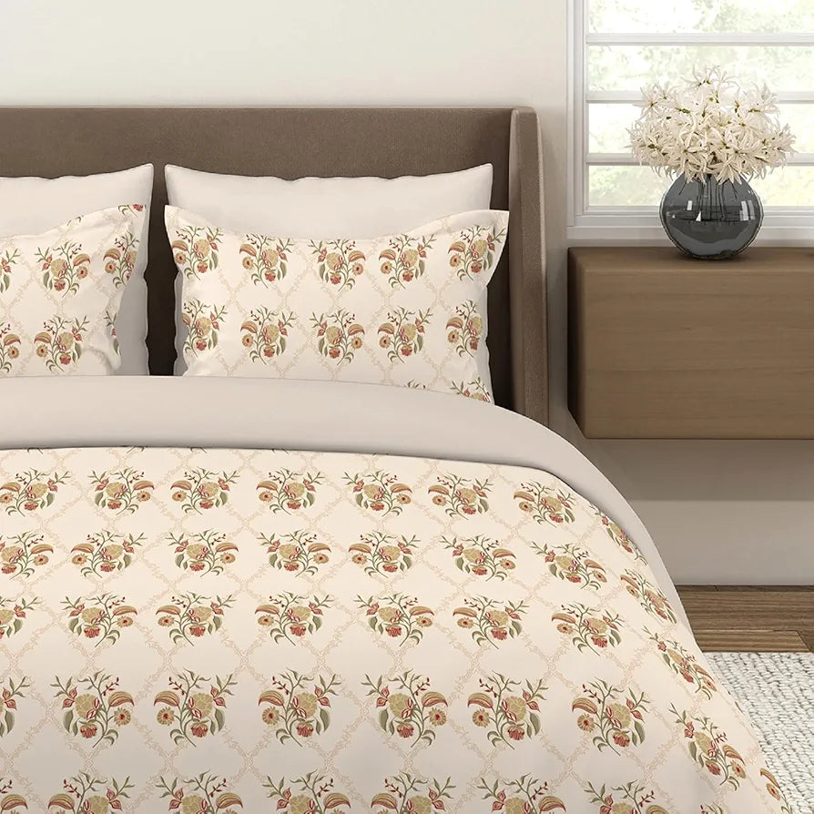 Layers Home Easy Cotton Bedsheet Set for All Seasons Lightweight 144 TC King Size Beige Red Floral