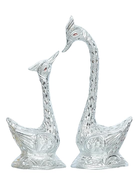 Ecraftindia 12 Inch Silver Kissing Swan Couple Handcrafted Decorative Figurine