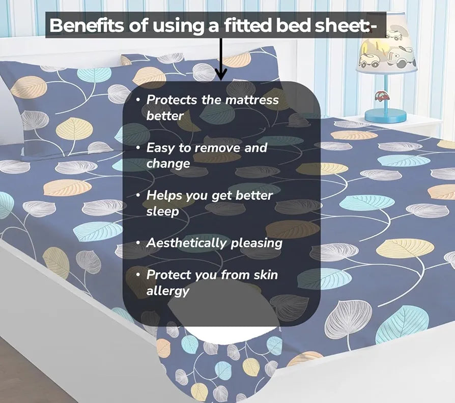 Homekart Premium Cotton Elastic Fitted Bedsheets with 2 King Size Pillow Covers Double Bed Flower Print Dark Blue 200 tc - 220 tc