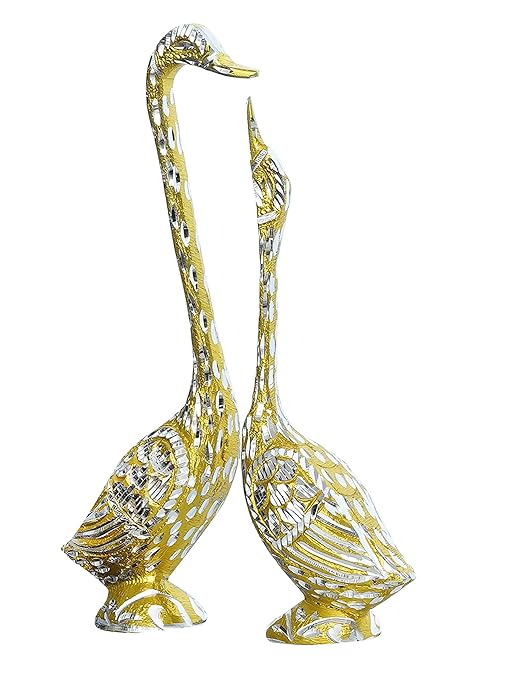 Ecraftindia Silver and Golden Metal Kissing Swan Couple Showpiece | Love Birds Statue