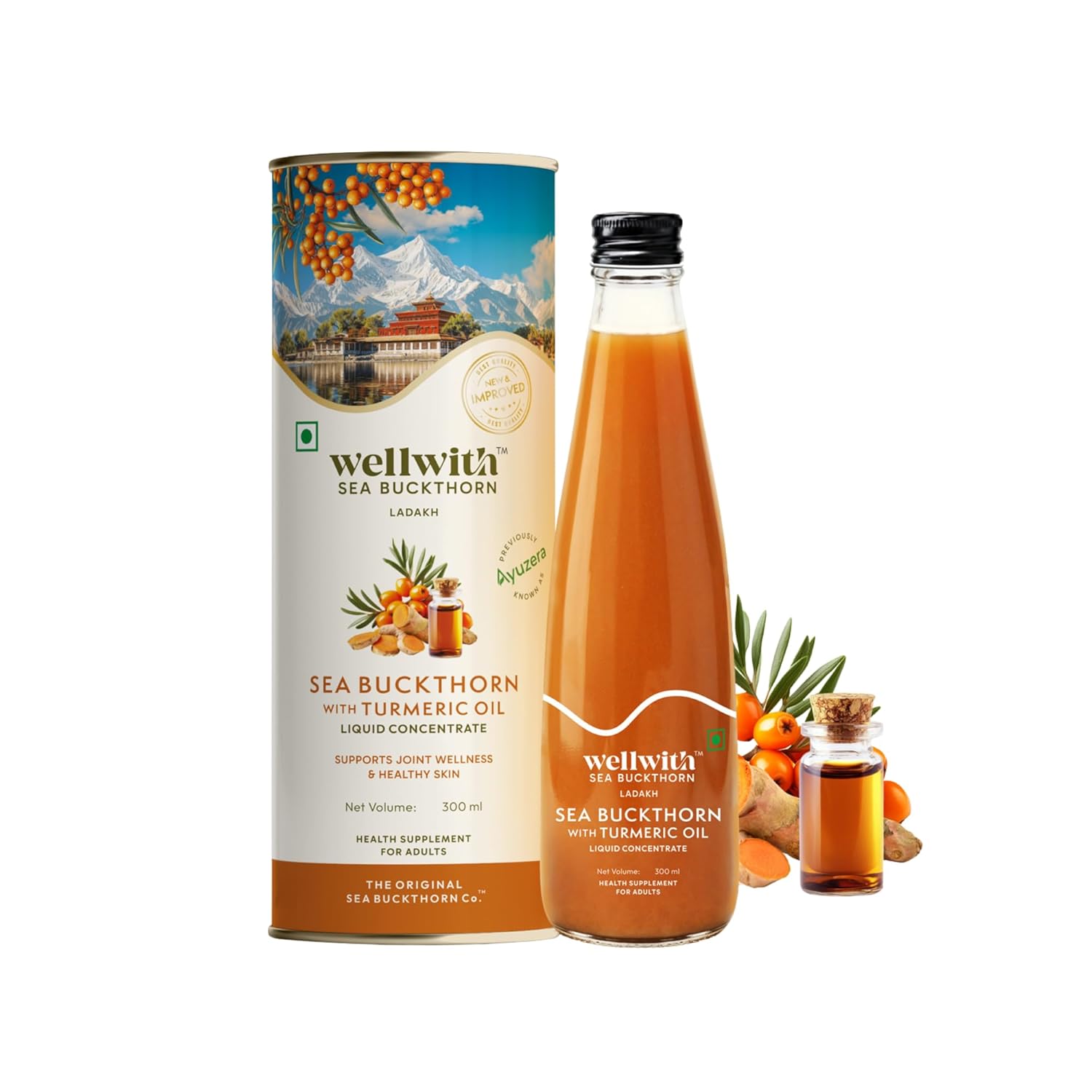 Wellwith (Ayuzera) Sea Buckthorn with Turmeric Curcumin Oil â€“ 300ml (Pack of 1) |Pulp Juice for Joint Health, Immunity & Skin | Omega 3 6 7 9 & Antioxidants