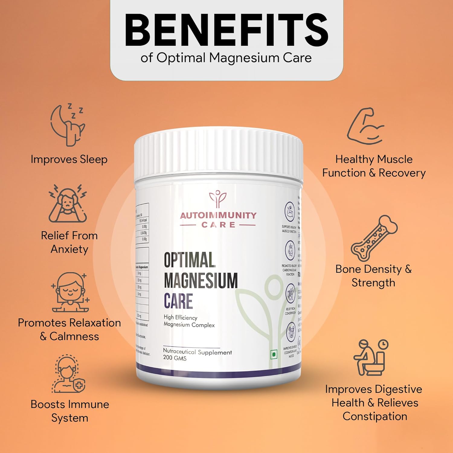 Autoimmunity Care Optimal Magnesium Care – 4-in-1 Magnesium Complex with B6 | Magnesum Glycinate, Citrate, Malate & Oxide | Supplement for Sleep, Stress, Muscle Cramps, Bones & Nerves | 200 gm (50 Servings)