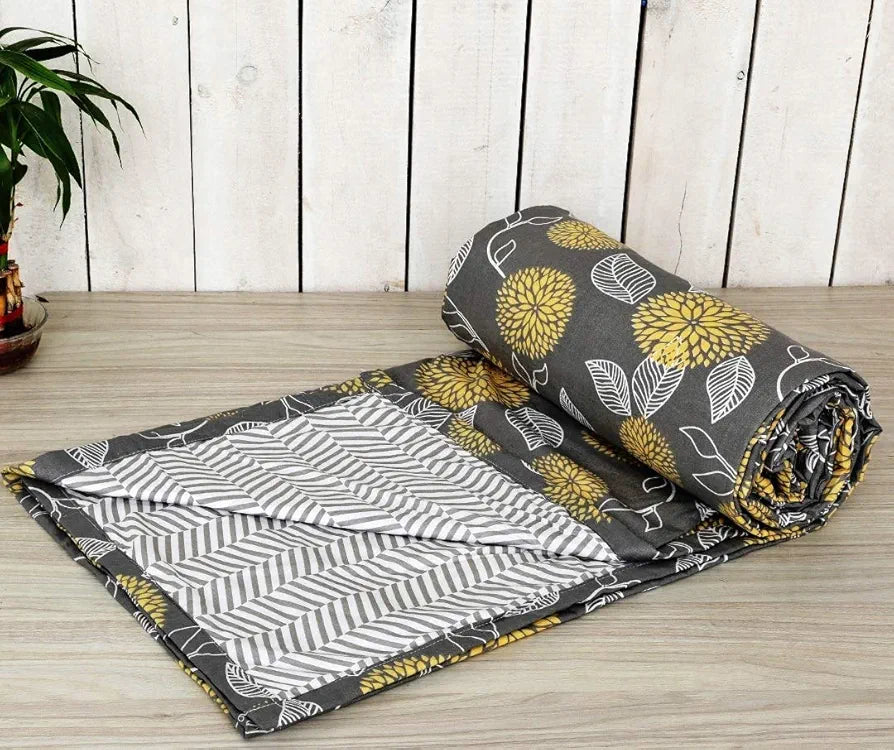 Trance Home Linen 150 GSM Pure Cotton Reversible Dohar Single Bed Size Ac Blanket Comforter Soft Light-Weight Bed Blanket 56 X 88 Inch Colour Grey Yellow Abstract