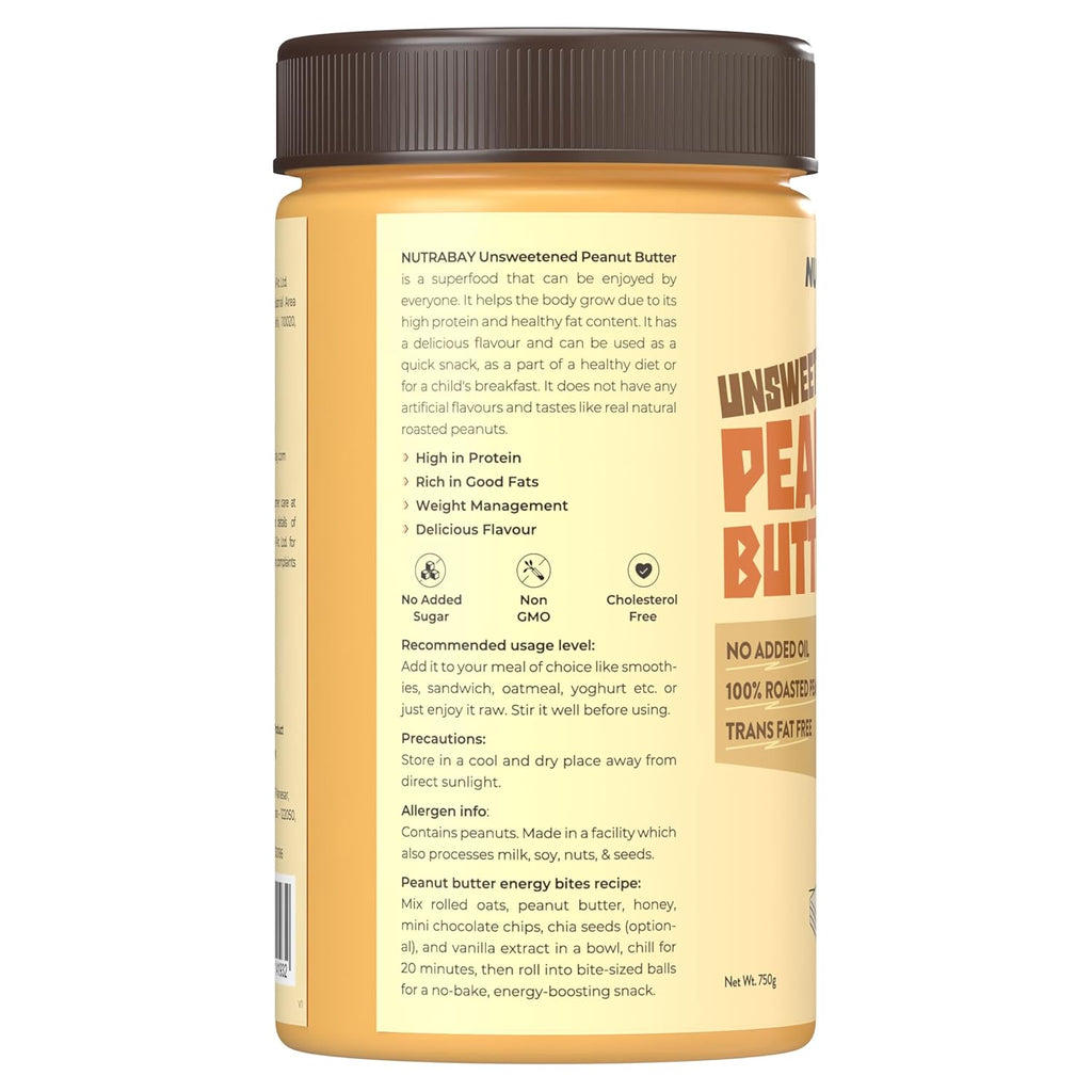 Nutrabay Foods All-Natural Peanut Butter (Creamy) - Unsweetened, 750g | 100% Roasted Peanuts, 28g Protein, Zero Cholesterol, Vegan, Gluten Free, Non GMO