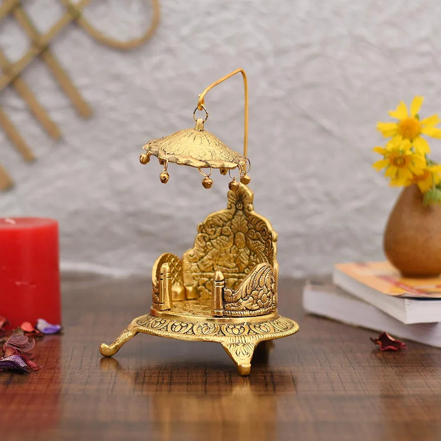Metal Singhasan Oval Shaped for Ganesha Krishna God Idols - Gold Plated Ladoo Gopal Pooja Chowki