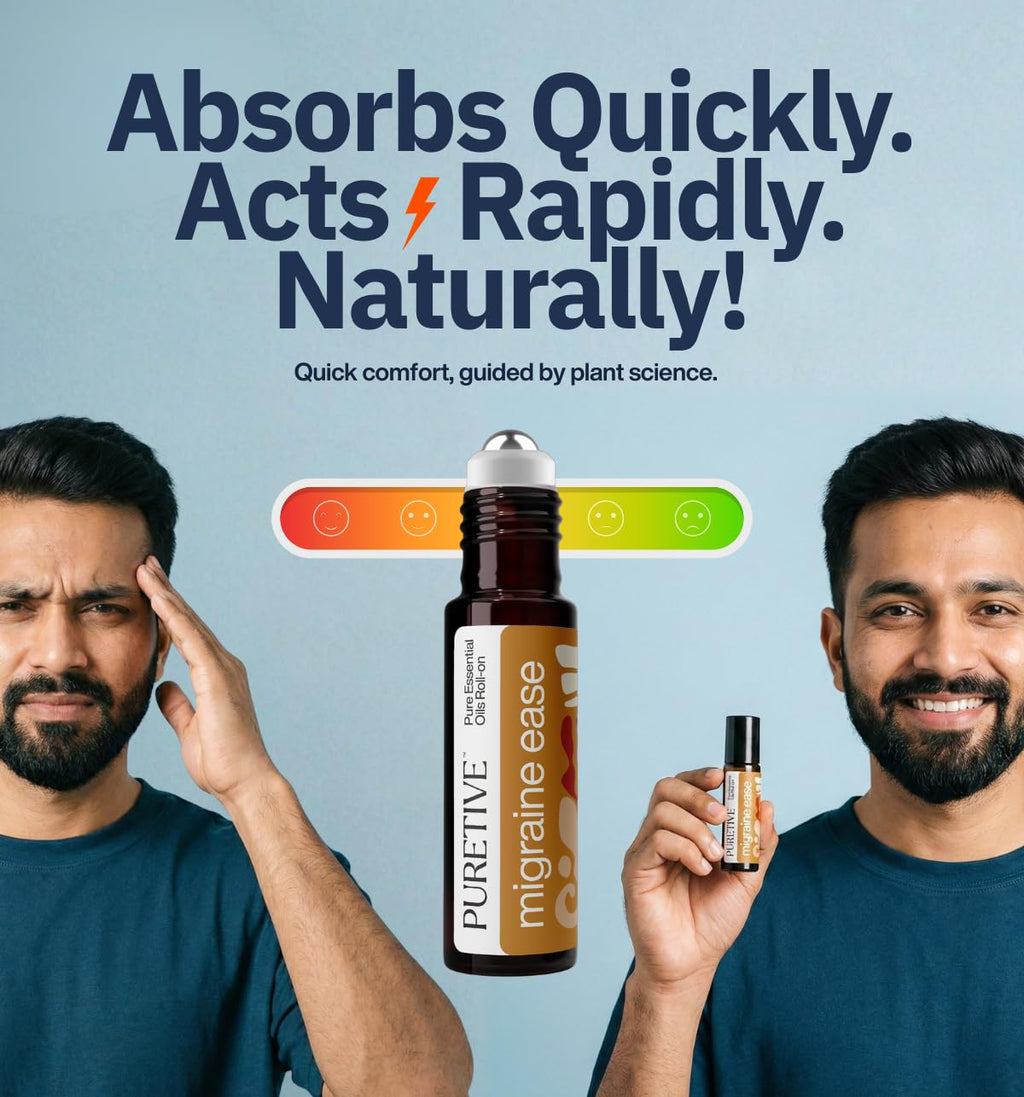 Puretive Headache Migraine Fast Relief Roll-On Sinus Advanced Pain Remedy Ayurvedic Natural Herbal Remedy with Peppermint Eucalyptus Camphor Wintergreen Arnica Essential Oils Metal Roller Ayush Certified Non Greasy Travel Friendly Roller 10ml