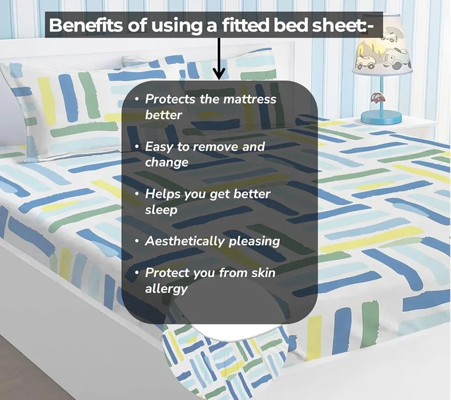Homekart Premium Cotton Elastic Fitted Bedsheets with 2 King Size Pillow Covers Double Bed Stick Print White Green 200 tc - 220 tc