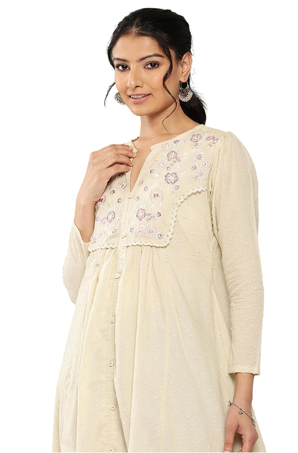 Janasya Women's Off White Dobby Cotton Solid A-Line Kurta
