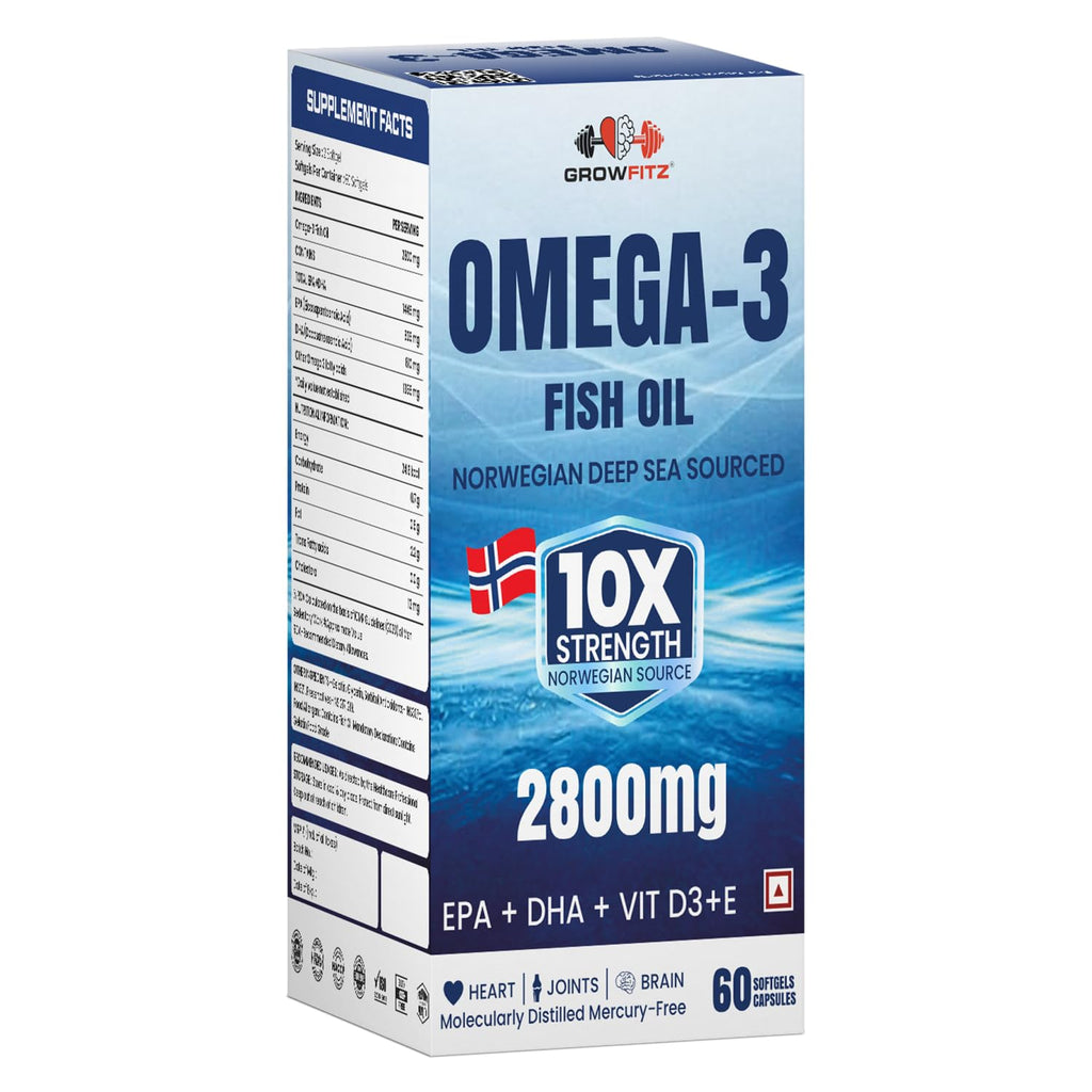 Growfitz Omega 3 Fish Oil (60 Softgels) | 2800 Mg | 10X Strength for Men & Women | No Fishy Burps | Supports Heart, Brain, Joints, Skin | With EPA+, Vitamin D3 & Vitamin E | Omega3 Fishoil Supplement