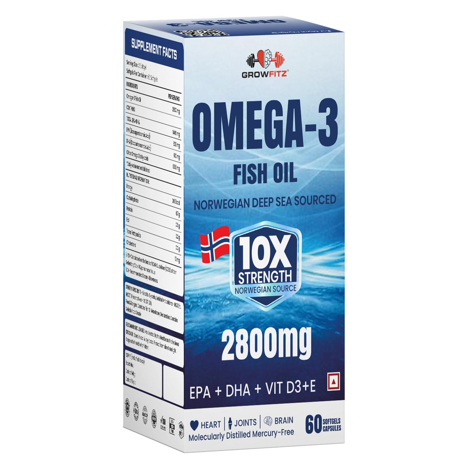 Growfitz Omega 3 Fish Oil (60 Softgels) | 2800 Mg | 10X Strength for Men & Women | No Fishy Burps | Supports Heart, Brain, Joints, Skin | With EPA+, Vitamin D3 & Vitamin E | Omega3 Fishoil Supplement