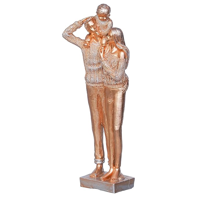 Ecraftindia Golden Beloved Family of Husband, Wife, and Kid on Father's Shoulder Human Figurines Decorative Showpiece