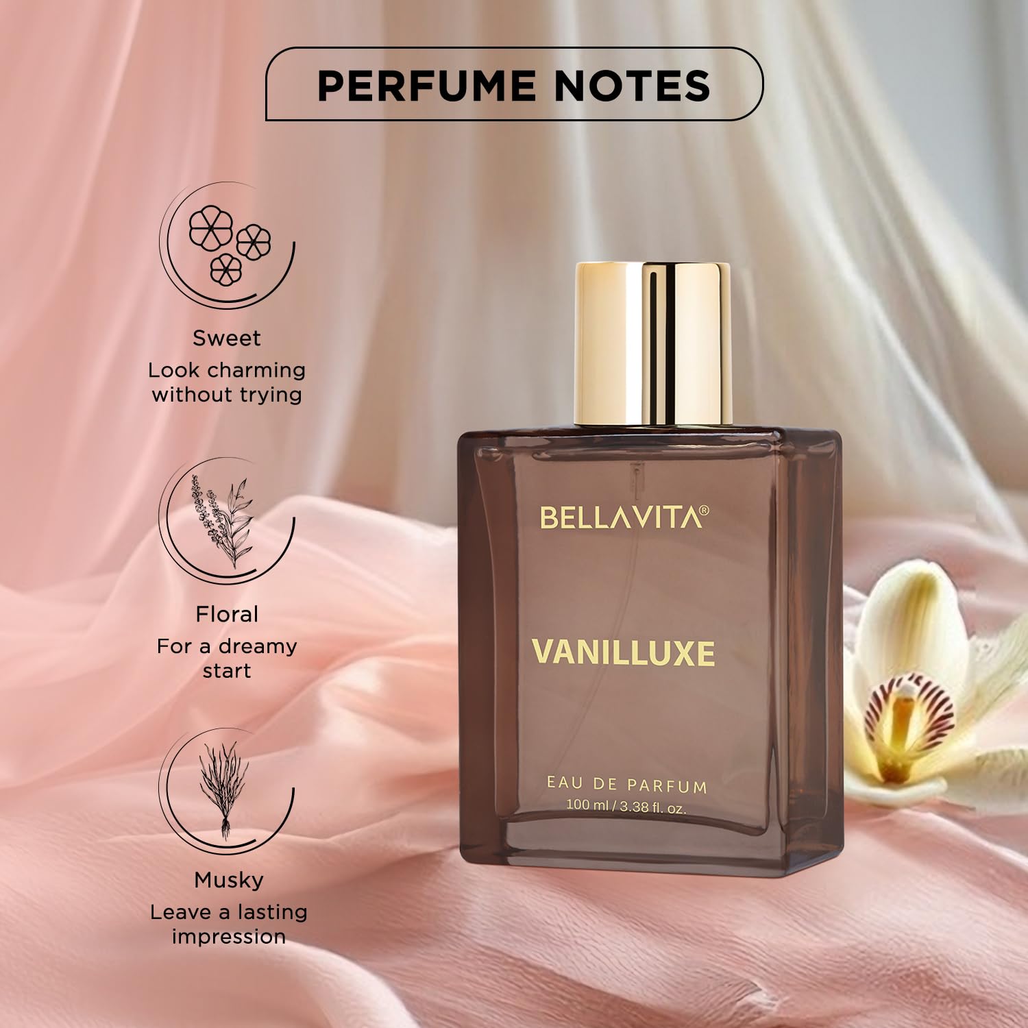 BELLAVITA Vanilluxe | Long Lasting | 100ml | Perfume for Man and Woman | Cedarwood, Jasmine & Musk | Musky, Floral Premium Unisex Fragrance for Men