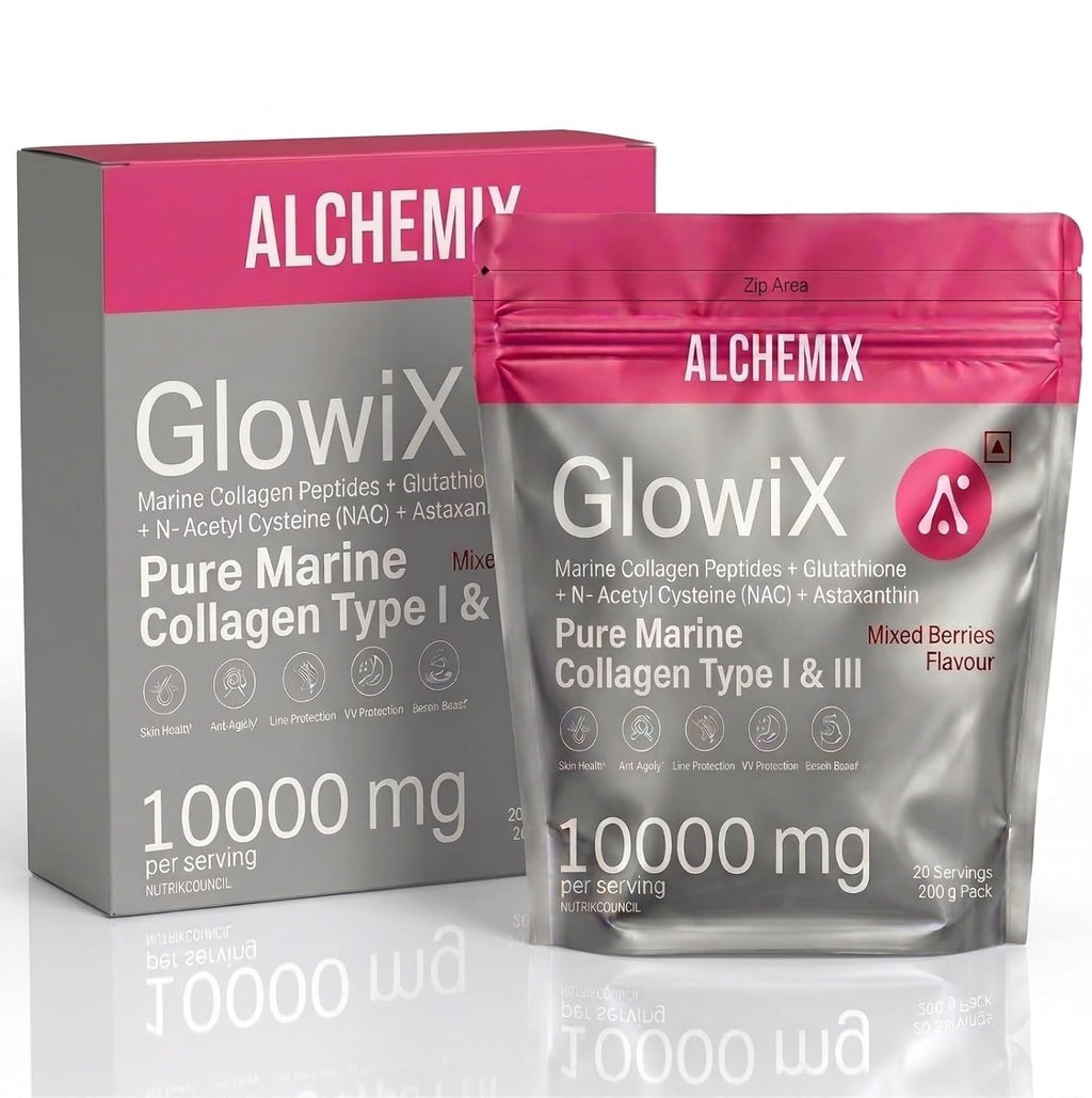 "8000mg Korean Marine Collagen Powder with Glutathione, Astaxanthin & NAC | Hydrolyzed Type 1 & 3 Collagen Peptides | Supports Skin Glow, Hair, Nails & Joints | Mixed Berries Flavour | 200g | 20 Servings | Alchemix Glowix"