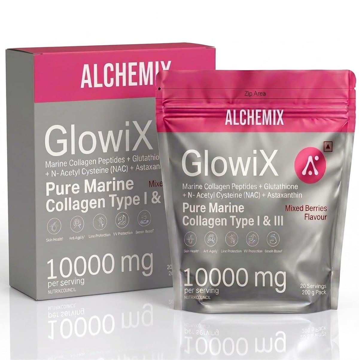 "8000mg Korean Marine Collagen Powder with Glutathione, Astaxanthin & NAC | Hydrolyzed Type 1 & 3 Collagen Peptides | Supports Skin Glow, Hair, Nails & Joints | Mixed Berries Flavour | 200g | 20 Servings | Alchemix Glowix"