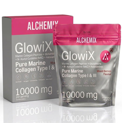 "8000mg Korean Marine Collagen Powder with Glutathione, Astaxanthin & NAC | Hydrolyzed Type 1 & 3 Collagen Peptides | Supports Skin Glow, Hair, Nails & Joints | Mixed Berries Flavour | 200g | 20 Servings | Alchemix Glowix"