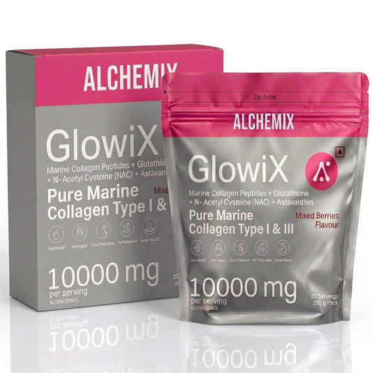 "8000mg Korean Marine Collagen Powder with Glutathione, Astaxanthin & NAC | Hydrolyzed Type 1 & 3 Collagen Peptides | Supports Skin Glow, Hair, Nails & Joints | Mixed Berries Flavour | 200g | 20 Servings | Alchemix Glowix"