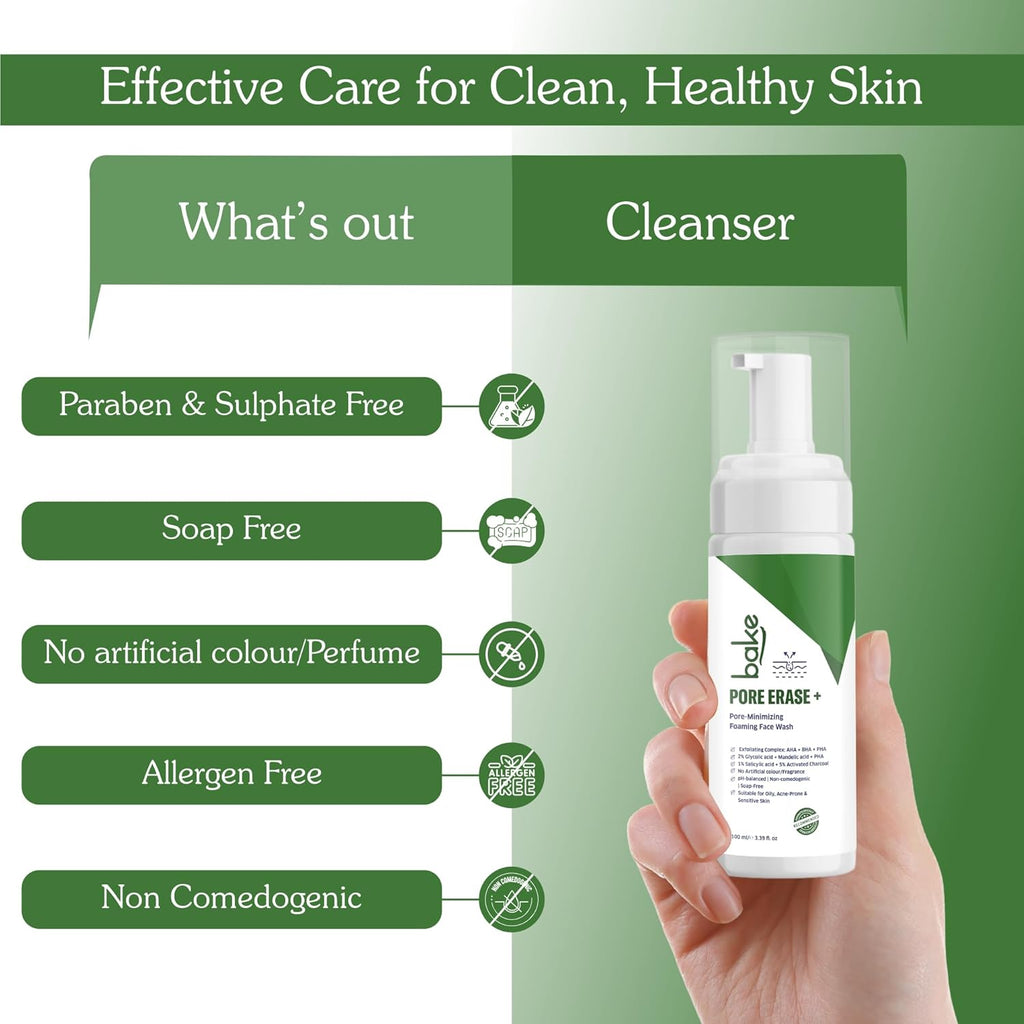 BAKE Pore Erase Foaming Face Wash with 2% Glycolic Acid, 1% Salicylic Acid & Mandelic Acid | Unclogs Pores, Reduces Blackheads & Whiteheads, Controls Sebum | For Oily, Acne Prone & Combination Skin â€“ 100ml