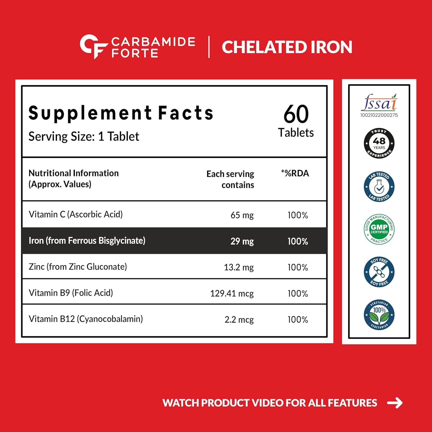 Carbamide Forte Chelated Iron Supplement for Women and Men | Folic Acid Tablets for Pregnancy | Hemoglobin Booster | 60 Veg Tablets for Hair Growth with Iron Bisglycinate