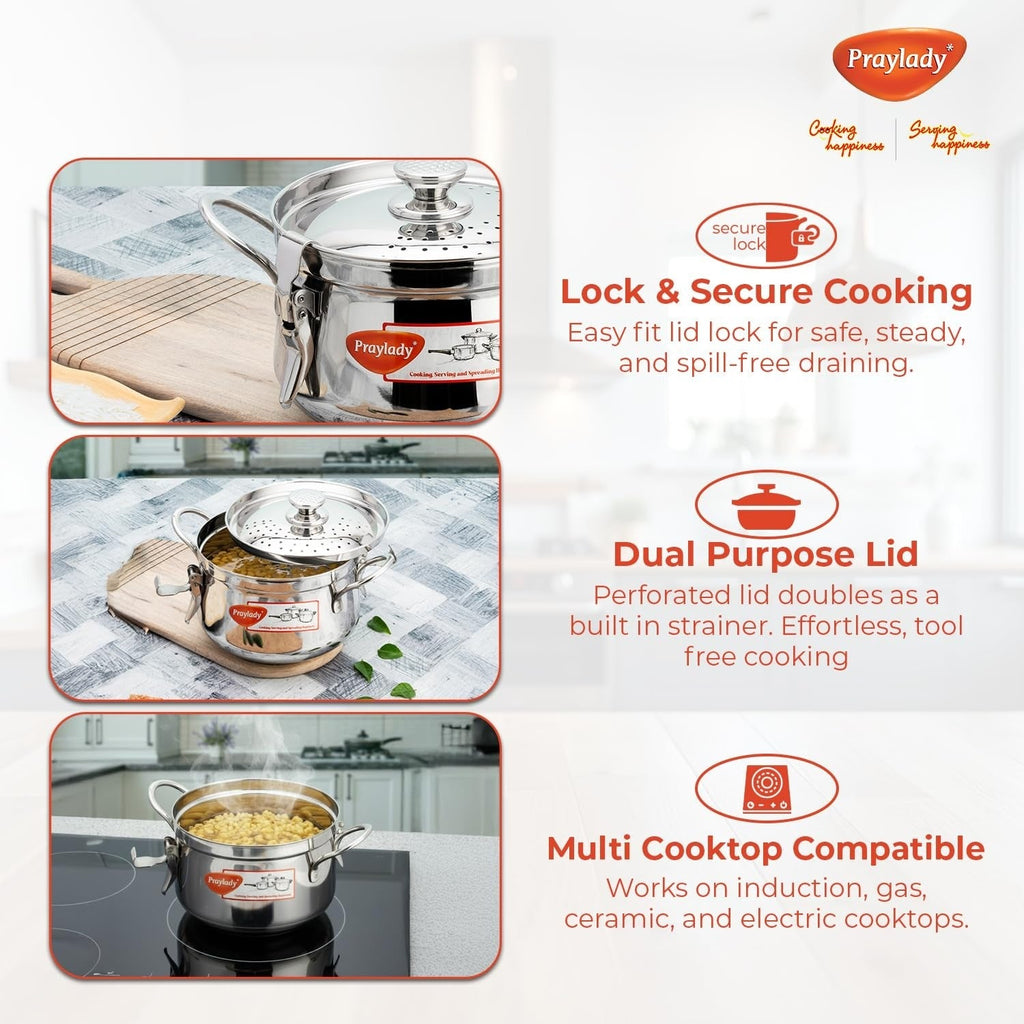 PrayLady Baby Boss Stainless Steel Strainer Pot with Lock Pasta Rice Vegetable Induction Base