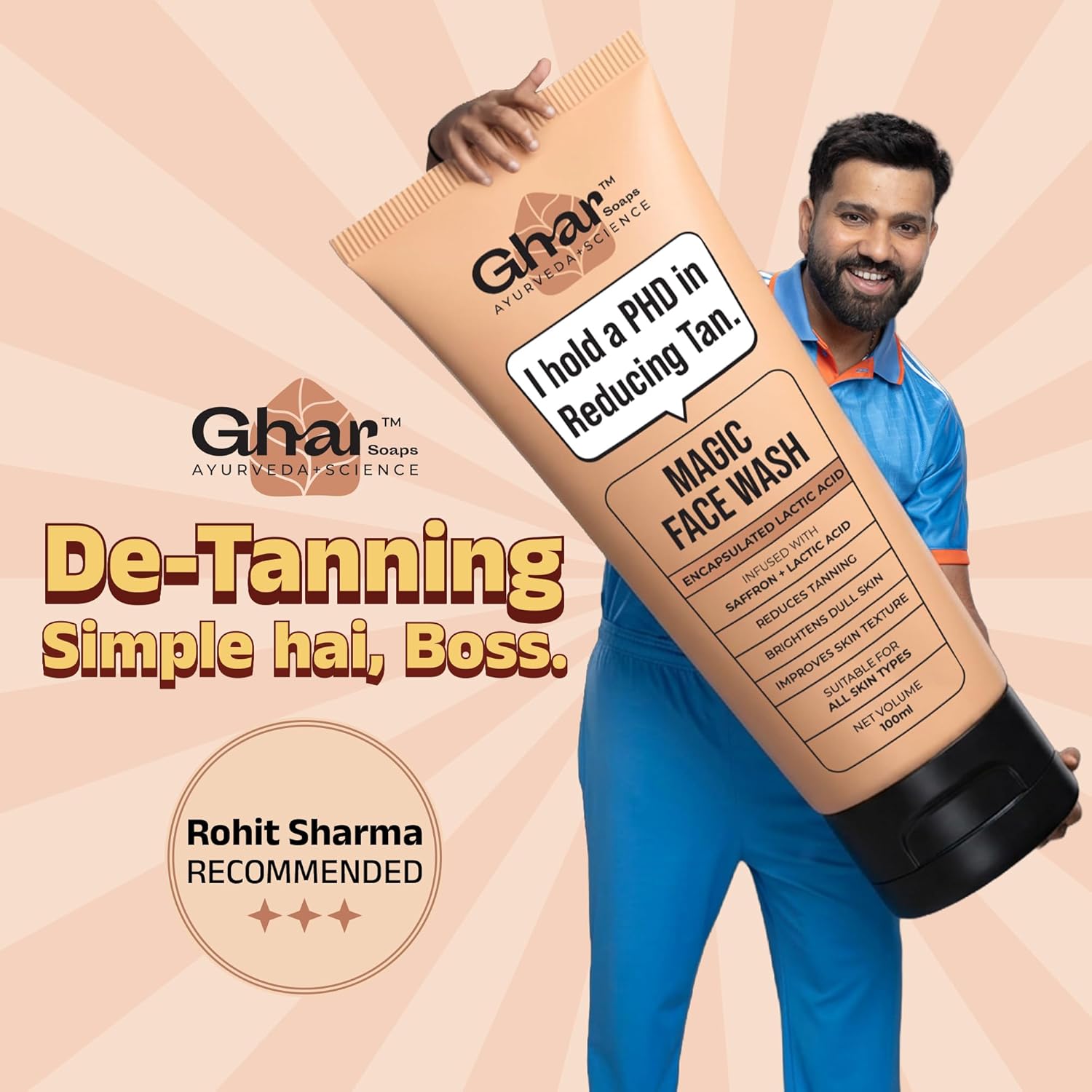 Ghar Soaps De-Tan Face Wash | For Tan Reducing, Brightening & Glowing Skin | With Sandalwood, Saffron, Coconut Oil & Goat milk | For All Skin Types | 100ml