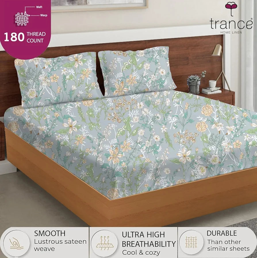 Trance Home Linen Premium 100% Cotton Printed Fitted Bedsheet for Single Bed with 1 Pillow Cover 180TC Colour Wild Flowers