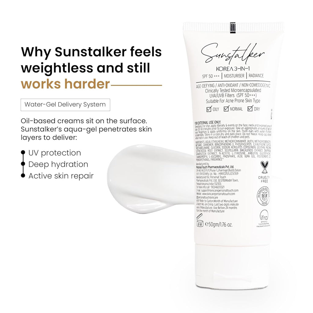 Personal Touch Sunscreen SPF 50 PA+++ for Face | Sunstalker Korea 3 in 1| Lightweight Sunscreen with No White Cast | Non-Greasy, Acne Safe & Oil-Free | With Niacinamide | For Oily & Dry Skin | 50 ml