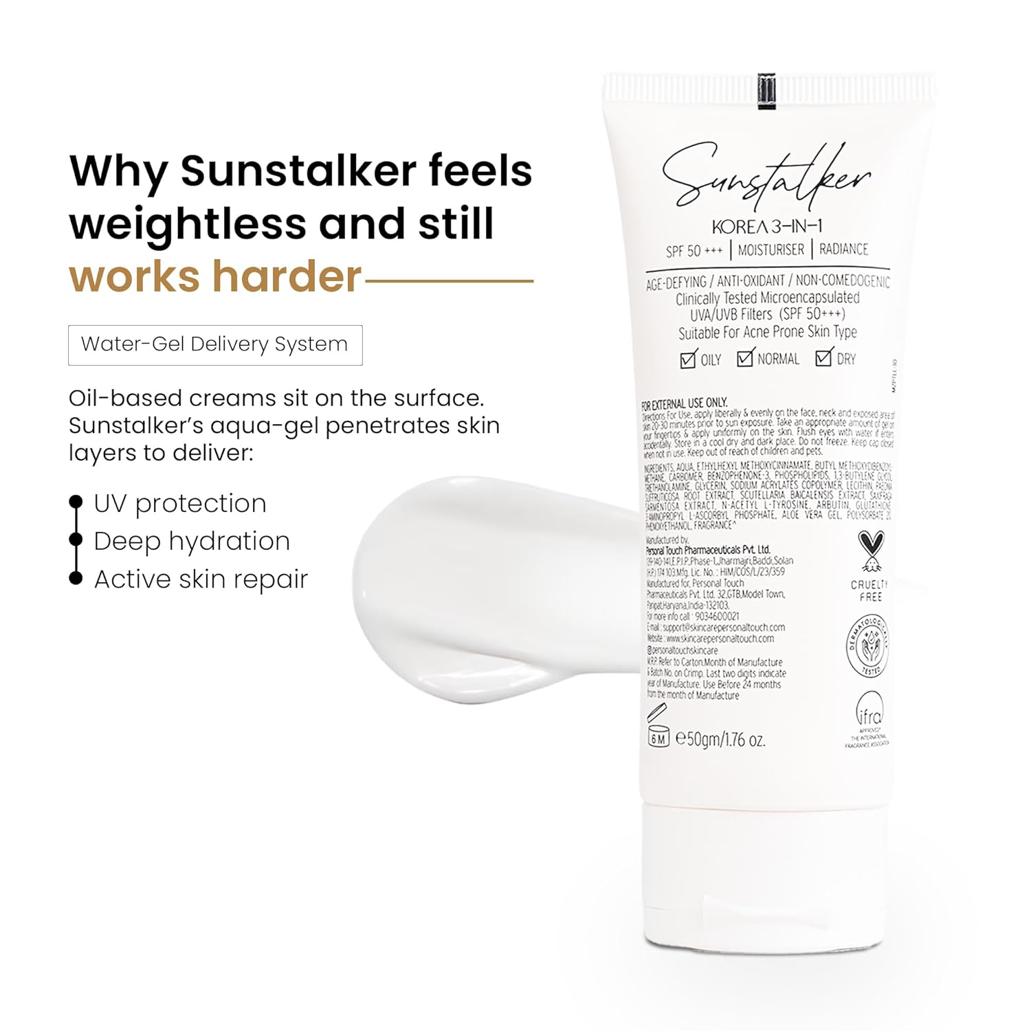 Personal Touch Sunscreen SPF 50 PA+++ for Face | Sunstalker Korea 3 in 1| Lightweight Sunscreen with No White Cast | Non-Greasy, Acne Safe & Oil-Free | With Niacinamide | For Oily & Dry Skin | 50 ml