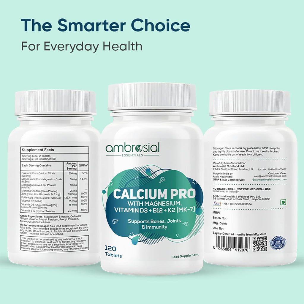 Ambrosial Calcium Pro & Vitamin D3 Tablets with Magnesium, Zinc, Vitamin K2 MK-7 & B12 | Calcium Citrate Malate Supplement With Alfalfa & Moringa Extracts for Men & Women | 120 Vegetarian Tablets
