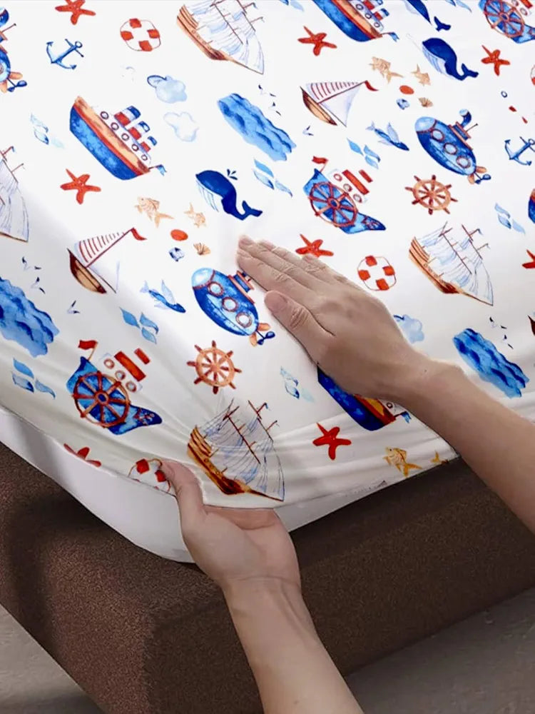 Trance Home Linen 180TC 100% Cotton 78"x72" Standard King Size Elastic Fitted Kids Bedsheet Printed King Bed Size with 2 Pillow Covers Colour Boat Blue