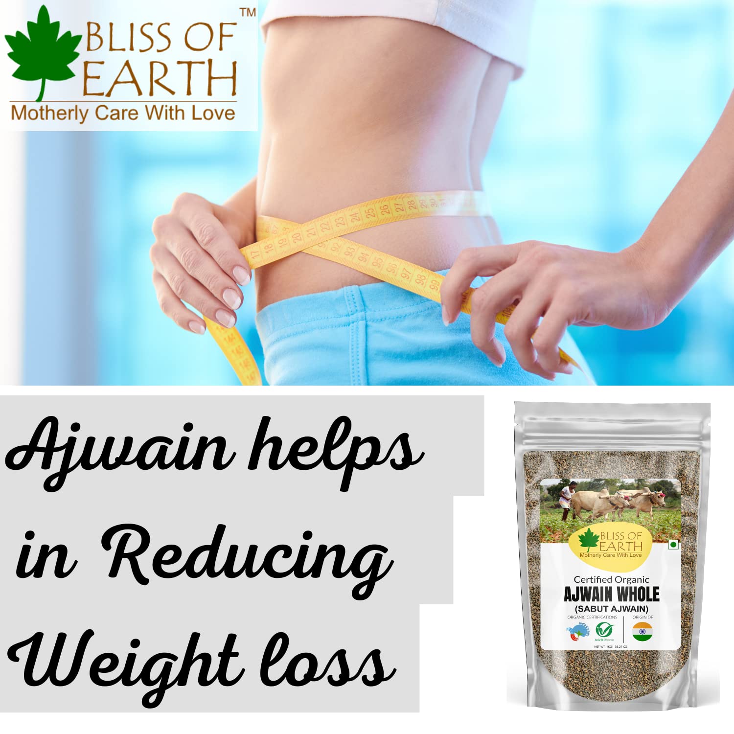 Bliss of Earth Certified Organic Ajwain/Carom Seeds Indian Spices & Masala For Better Hair, Skin,Health & Cooking (1kg)