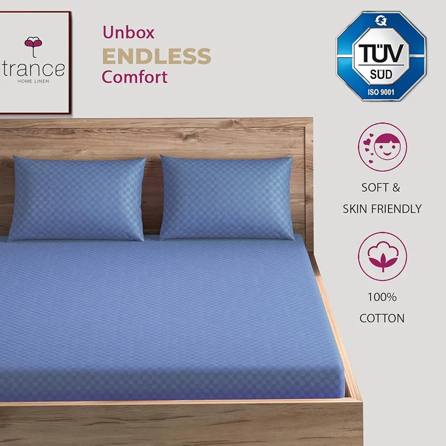 Trance Home Linen 100% Cotton Premium 300TC Jacquard Weave Fitted Bedsheet for King Size Bed with 2 Pillow Cover Skin Friendly Colour Med Blue