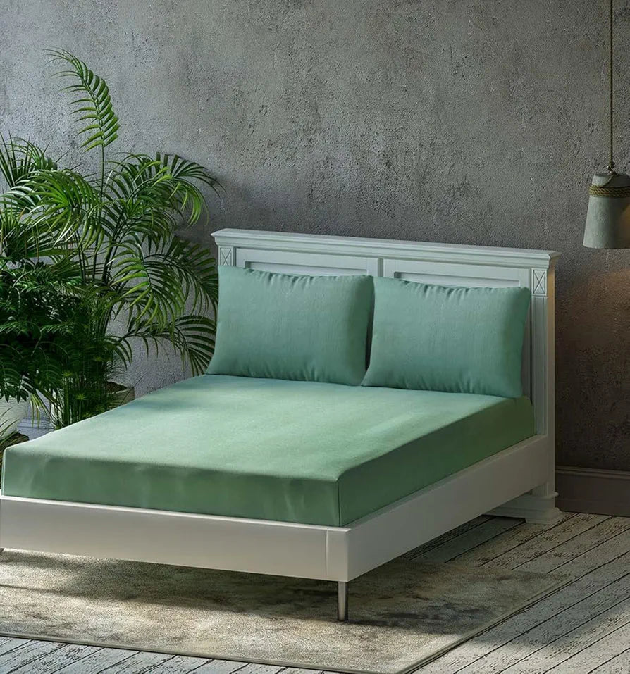 Trance Home Linen Premium 300 TC Pure 100% Cotton Single Size Solid Fitted Bedsheet with 1 Pillow Cover Colour Aqua Green