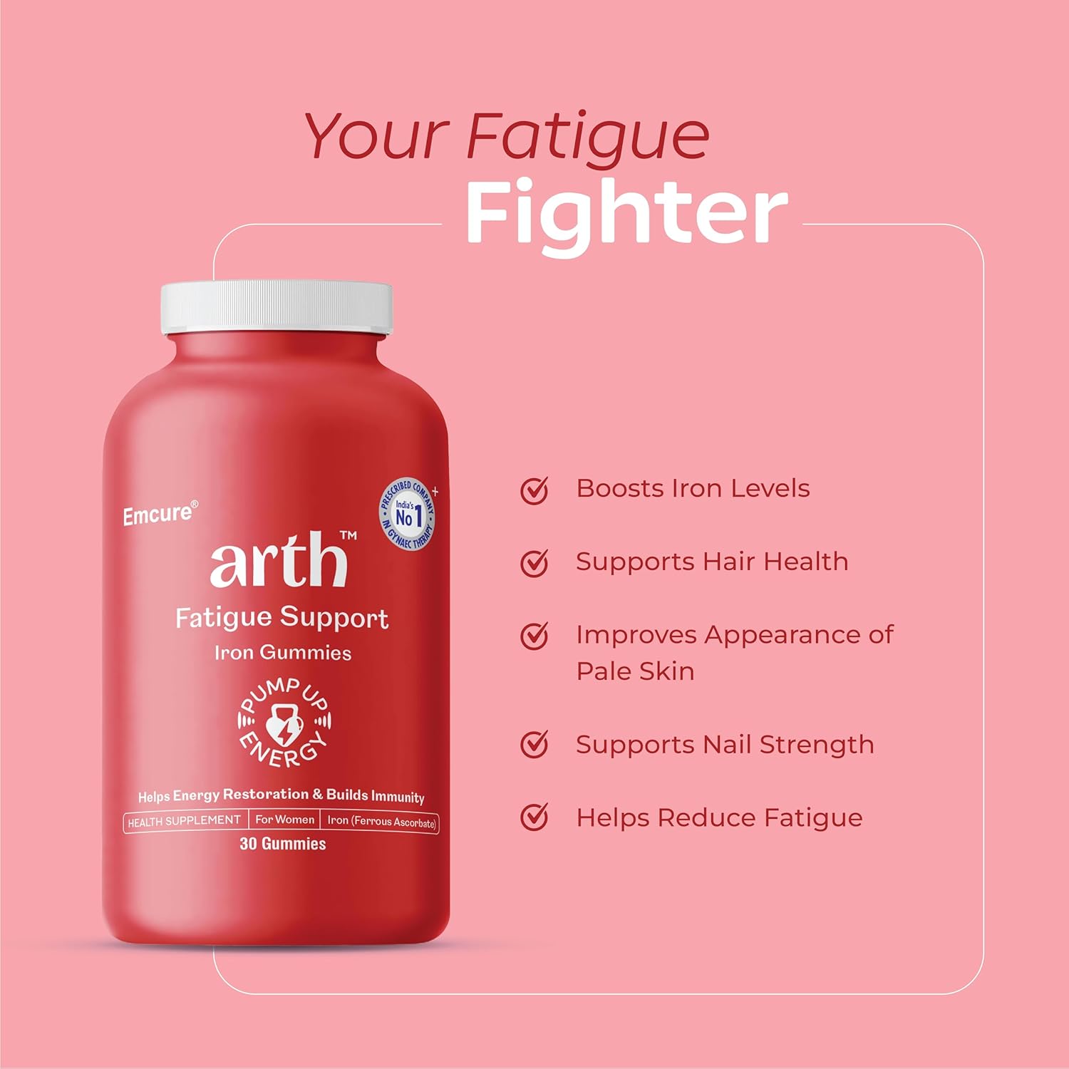 Arth Iron Supplement For Women | High Absorption Ferrous Ascorbate (67%) | With Folic Acid | Boosts Hemoglobin & Energy Levels | Reduces Fatigue & Lethargy | Emcure Pharma | 30 Iron Gummies