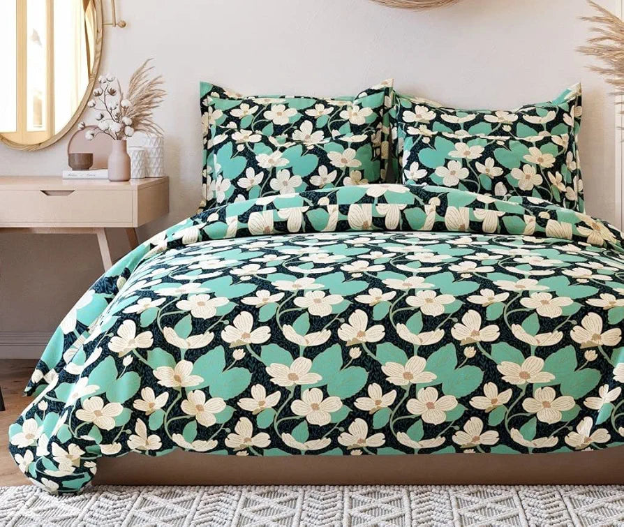 The Home Style 400 TC Cotton Elastic Fitted All Around Printed King Size Double Bed Bedsheet wih 2 Pillow Cover Lily Green