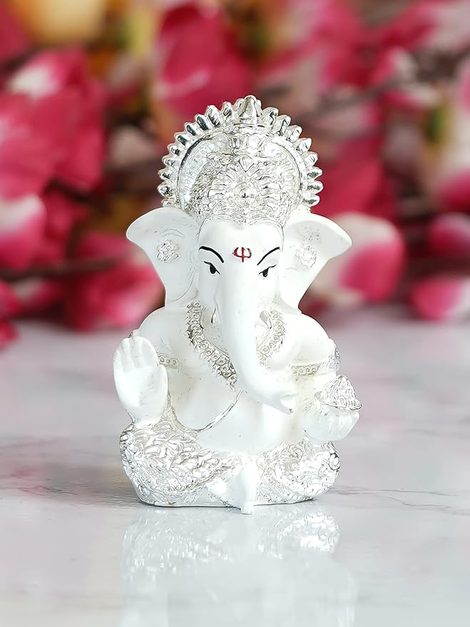 Ecraftindia Silver White Resin Lord Ganesha Idol for Home Decor Office Car Dashboard | Ganesha Statue