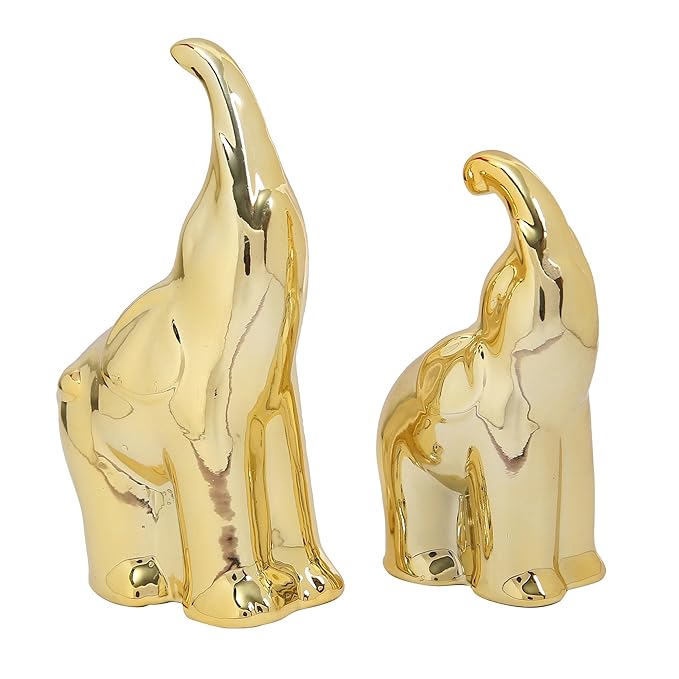 Tied Ribbons 2 Pcs Decorative Ceramic Mother Elephant with Baby Statue Showpiece Decoration