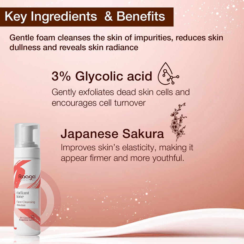 Raaga Professional Radiant Tone Face Cleansing Mousse with 3% Glycolic Acid and Japanese Sakura | Paraben Free, Sulphate Free, Dermatologically Tested (100 ml)