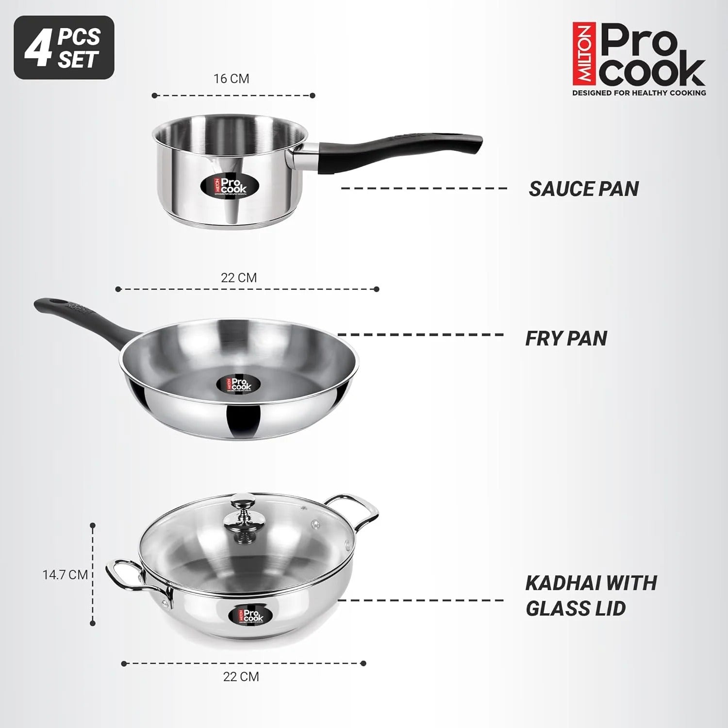 Milton ProCook Stainless Steel Sandwich Bottom 4 Pcs Induction Kitchen Set
