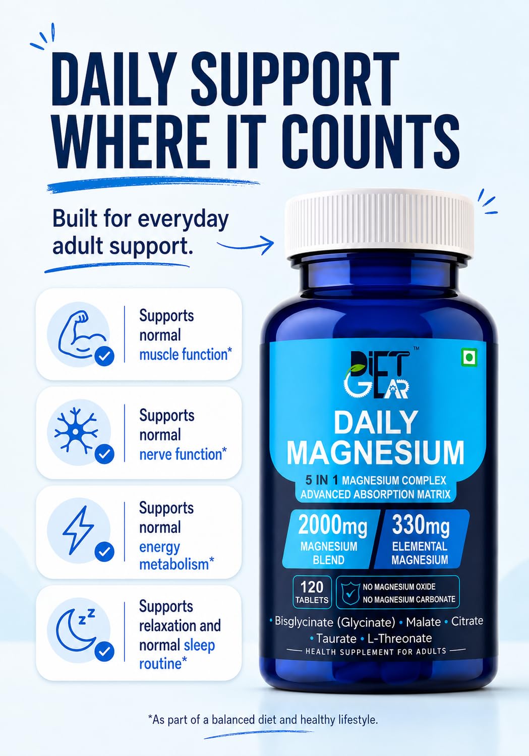 DIET GEAR 2000mg Magnesium Glycinate Complex 5 in 1, 330mg Elemental, 120 Tablets | Bisglycinate, Citrate, Malate, Taurate, L-Threonate, NO OXIDE, NO CARBONATE | Sleep, Muscle & Stress Magnesium Supplement