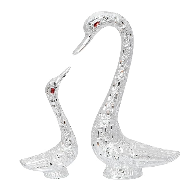 Ecraftindia Loving Silver Swan Couple Metal Handcrafted Decorative Figurine