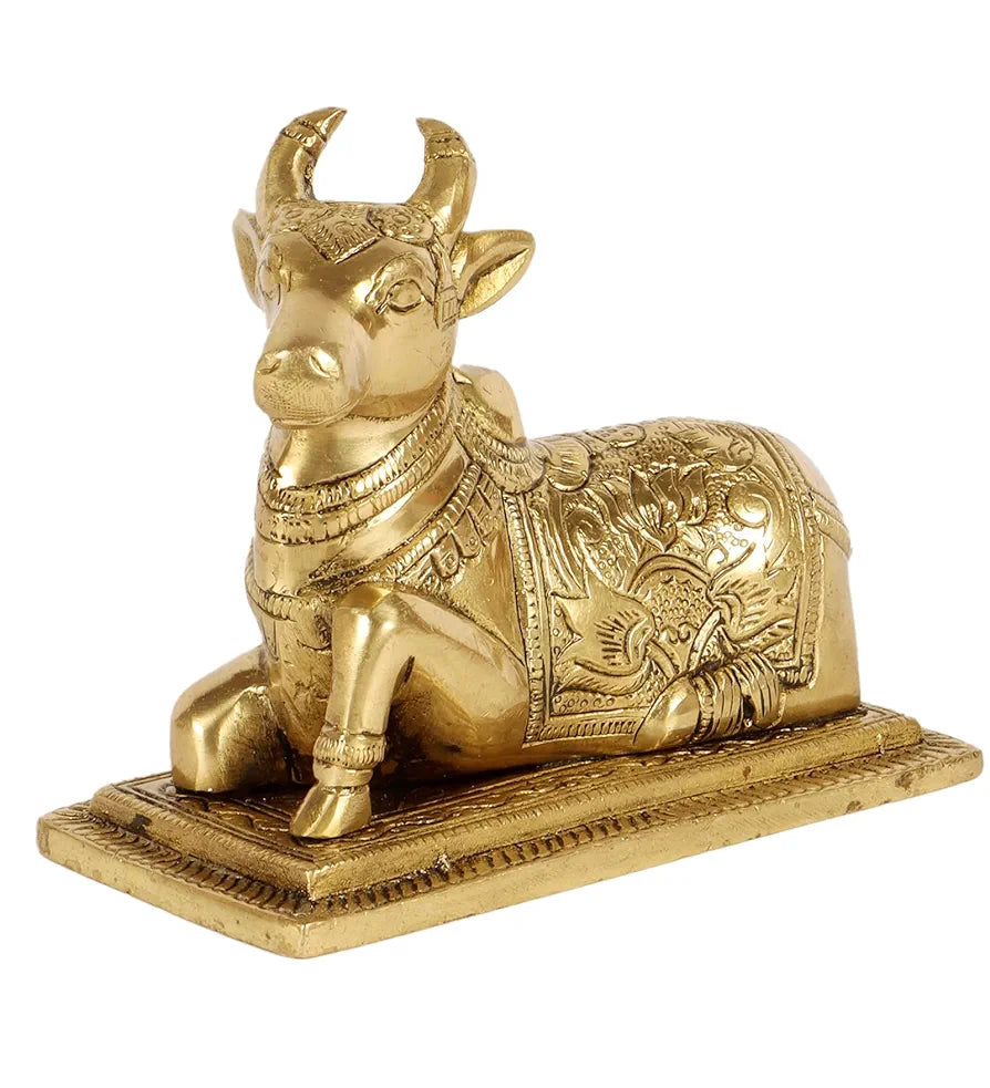 Two Moustaches Lotus Engraved 5 Inches Brass Nandi Cow Over Base