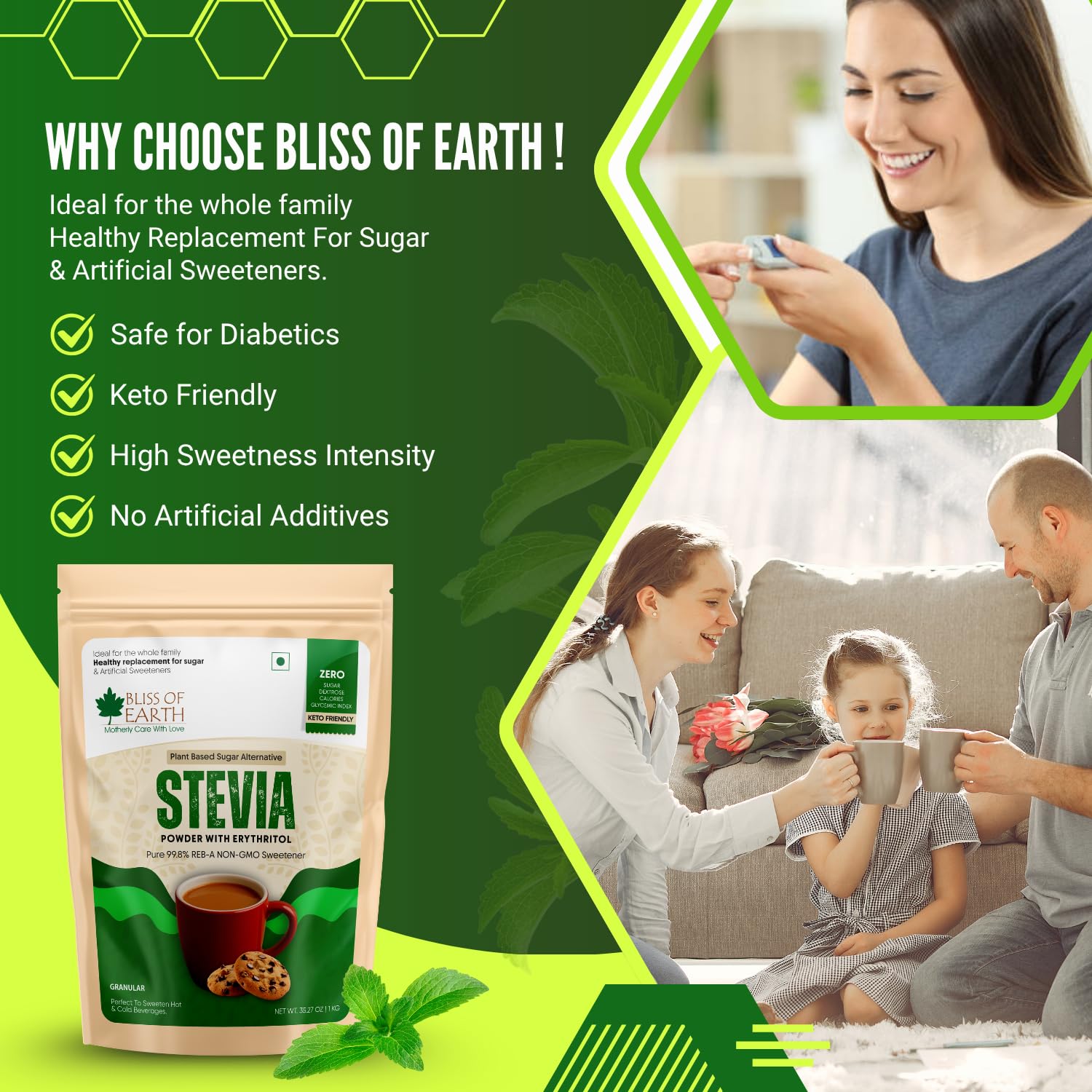 Bliss of Earth Stevia Powder, Sugar Free Zero Calorie Sweetener Diabetic and Keto Friendly 99.8% Purity Vegetarian Gluten Free Quick Dissolve, 1 KG