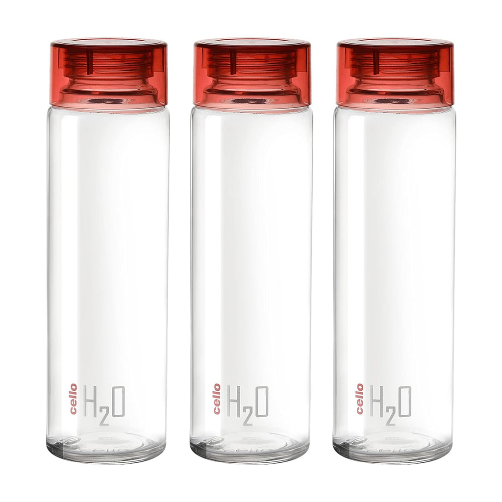 Cello H2O Glass Fridge Water Bottle with Plastic Cap | 920 ml | Set of 3 | Red