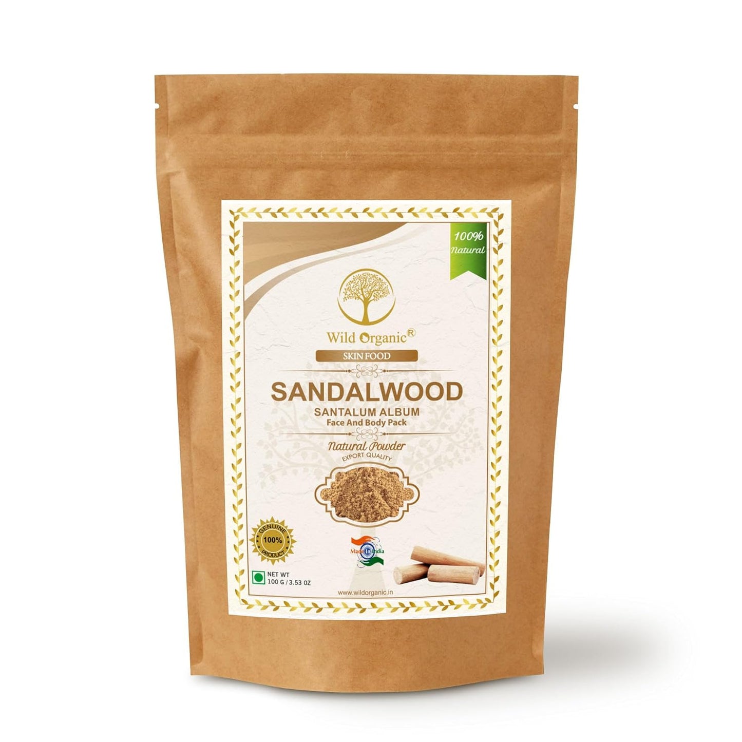 Wild Organic 100% Natural Sandalwood Powder for Face Pack Body Pack - 100 gms