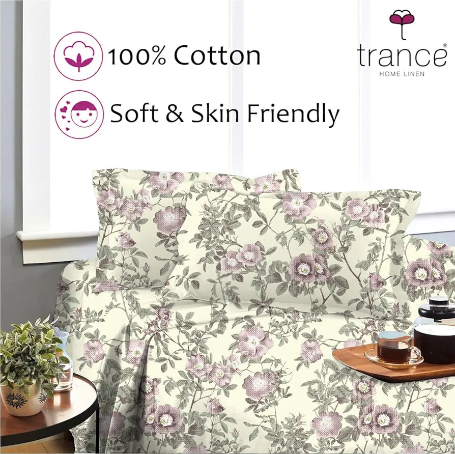 Trance Home Linen Skin Friendly 100% Cotton Printed Fitted Bedsheet for Queen Size Bed with 2 Pillow Cover Premium 180TC Colour Lilac Splendor