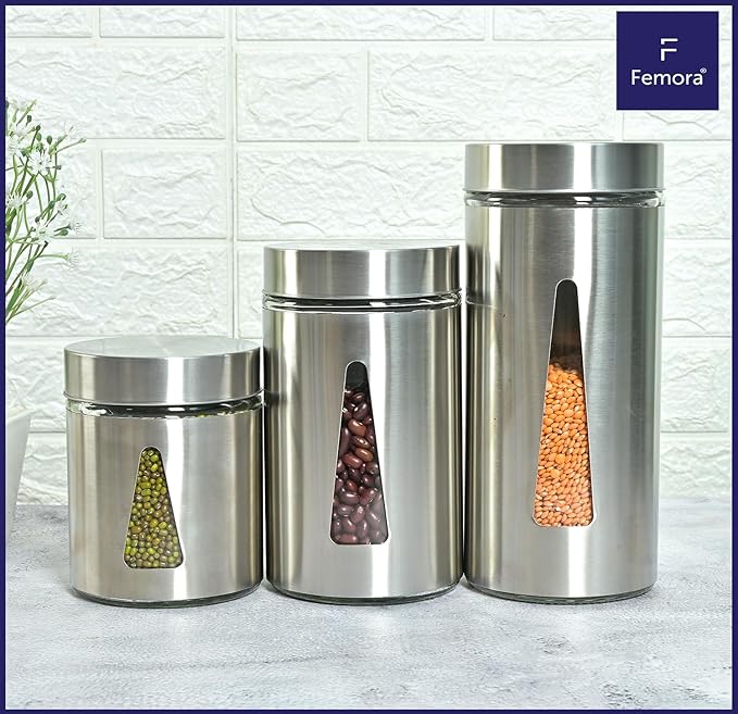 Femora Kitchen Storage Jars Steel Finish With See Through Window Jar | 1300 Ml | Pack of 1