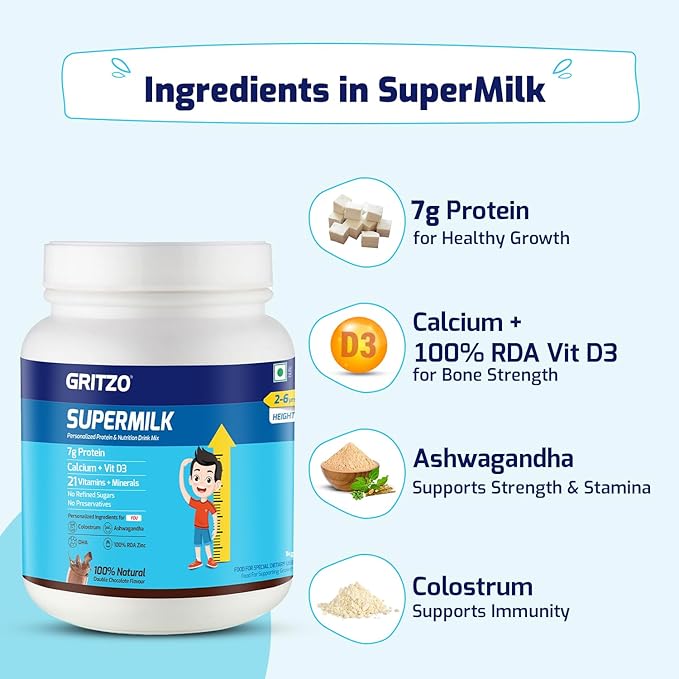 Gritzo SuperMilk Height+ (2-6y) 7g Protein Powder Double Chocolate - 1000 gms