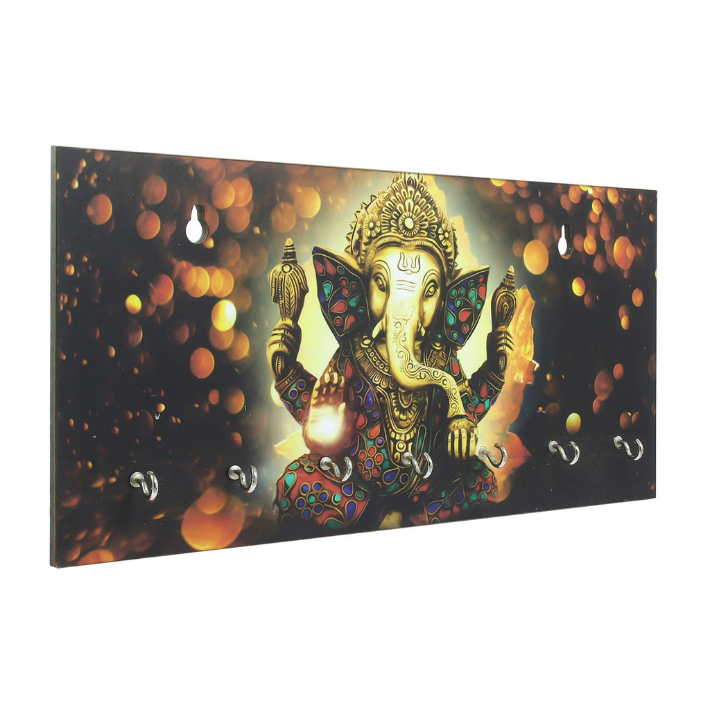 Ecraftindia Lord Ganesha Theme Wooden Key Holder for Wall With 7 Key Hooks