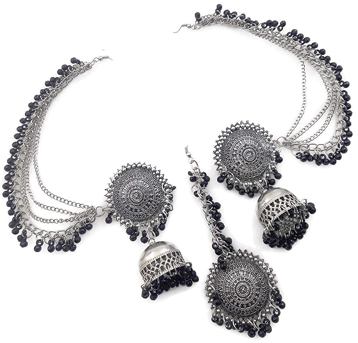 Silver-Plated Alloy Silver Black Earrings With Hair Extension - The Pari
