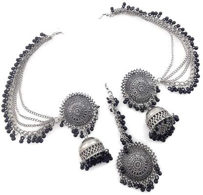 Silver-Plated Alloy Silver Black Earrings With Hair Extension - The Pari